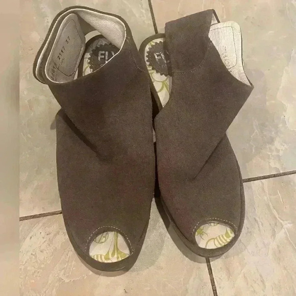 Fly London Yone Brown Suede Peep Toe Wedges - Picture 3 of 5